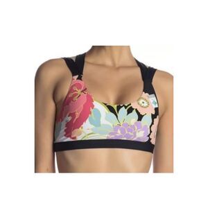 TRINA TURK Royal‎ Garden Floral Black Pink Aqua White Sports Bra Womens Small